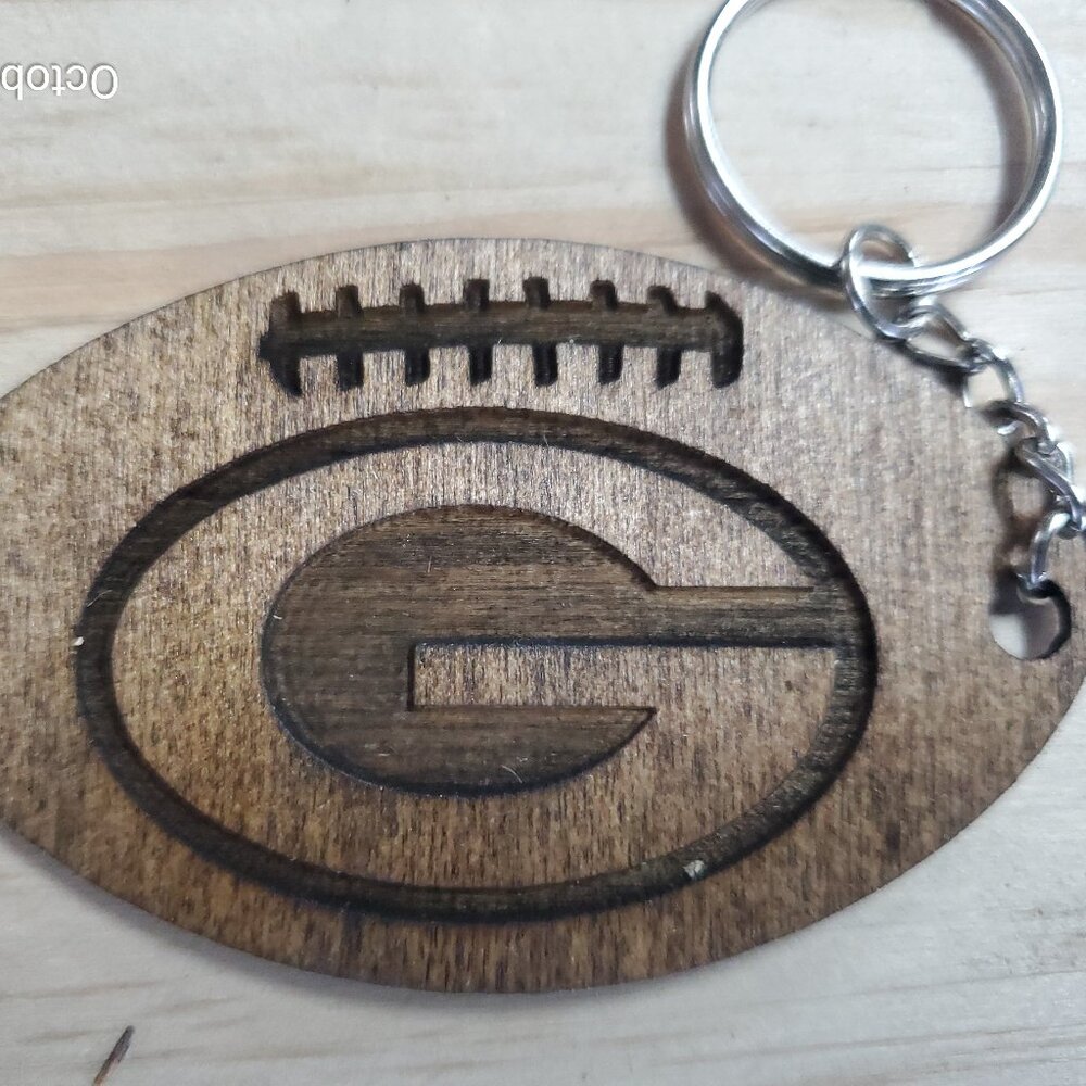 Green Bay Packers Football Engraved Wood Keychain Tag Charm 3"